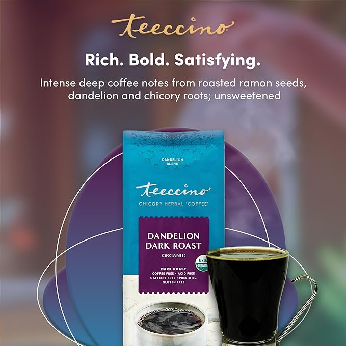 Teeccino Dandelion Dark Roast Herbal Coffee - Caffeine-Free Coffee Alternative with Prebiotics, Gluten Free, Acid Free, Organic - 10 oz (Pack of 3)