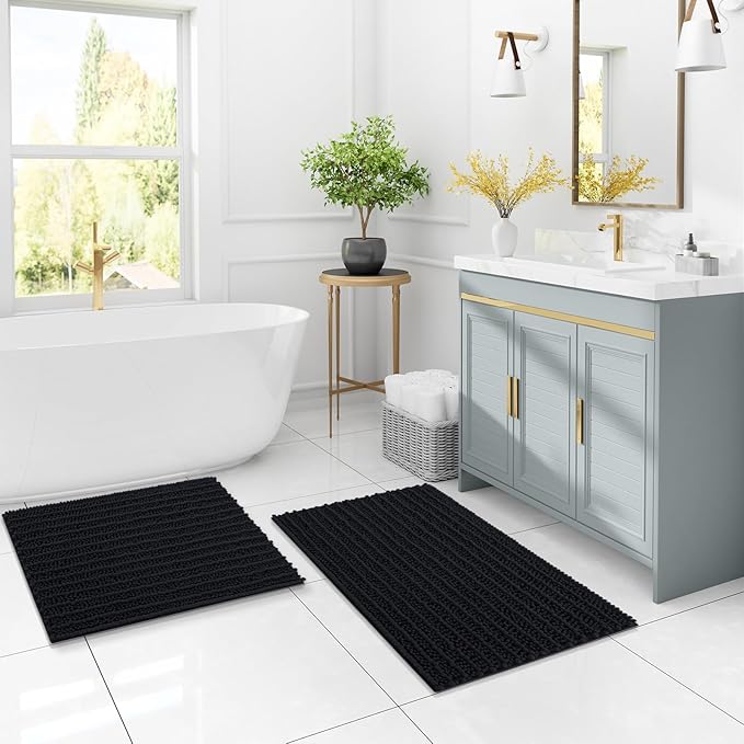 Arotive Luxury Chenille Bathroom Rug Mat, Extra Soft Thick Absorbent Shaggy Bath Rugs, Non-Slip Machine Wash Dry, Plush Bath Mats for Bathroom, Shower and Tub, 30x17, Black