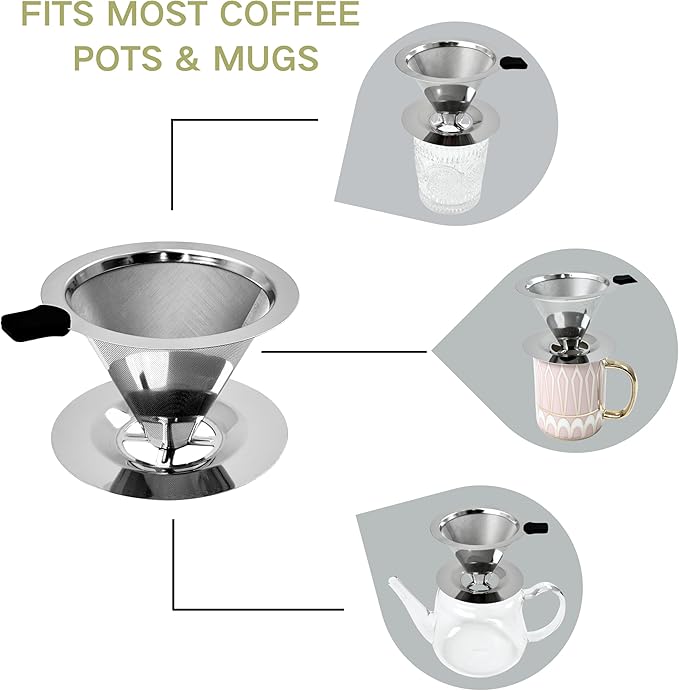 Pour Over Coffee Dripper, Reusable Stainless Steel Drip Cone Coffee Filter Double Layer Fine Mesh, Portable Coffee Maker for Eco-Friendly Brewing Paperless 1-2 Cup Solution