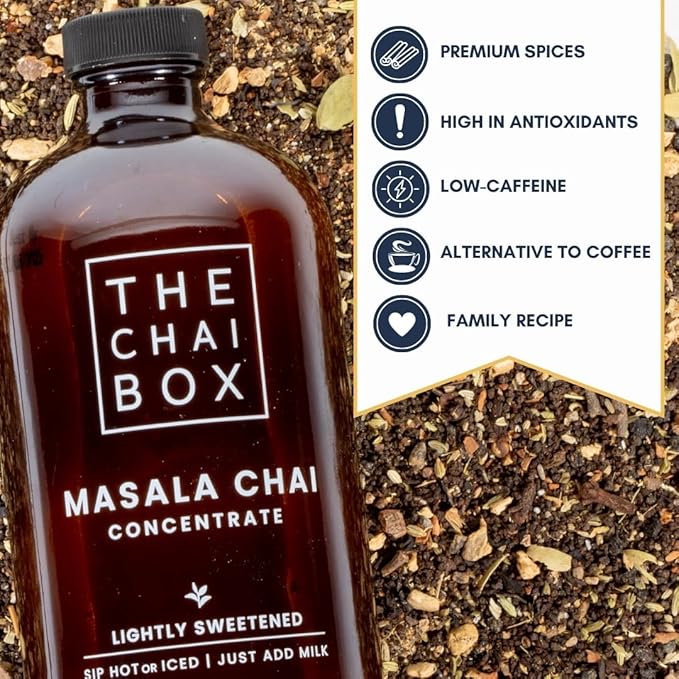 The Chai Box Sweetened Chai Tea Concentrate - Vegan, Gluten Free Chai Concentrate | 16 Ounce (Pack of 2) | Hot or Iced Black Tea Concentrate, Small Batch with Whole, Premium Spices