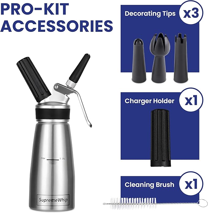 PRO Cream Dispenser, Durable High-Grip, Metal Lid with Rubber, 3 Nozzles, for Hot/Cold Use, Cleaning Brush Included, Silver - 250 ml/1 Pint