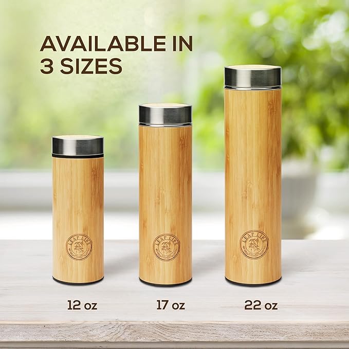 LeafLife Premium Bamboo Tea Bottle for Loose Tea - Tea Infuser Bottle - Tea Gifts - Insulated Water Bottle/Coffee Tumbler/Tea - Tea Gift Set, Tea Accessories - Tea Tumbler 12oz