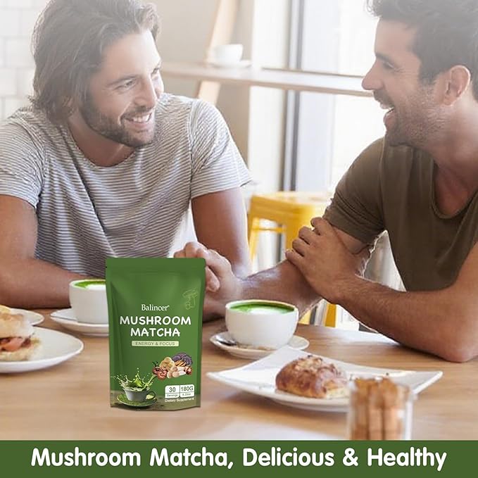 Mushroom Matcha, 6 Adaptogenic Mushrooms (Lion's Mane, Cordyceps, Turkey Tail & Other) Mixed with Ceremonial Grade Matcha for Focus, Energy, Immune and Digestion Health Support, 30 Servings