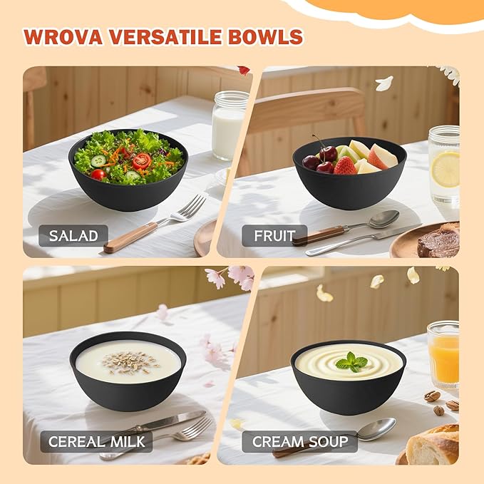 40oz wheat straw bowls set of 4,unbreakable ramen bowl set with cover,alternative plastic bowls with cover for kitchen,party,camping and picnic. Black