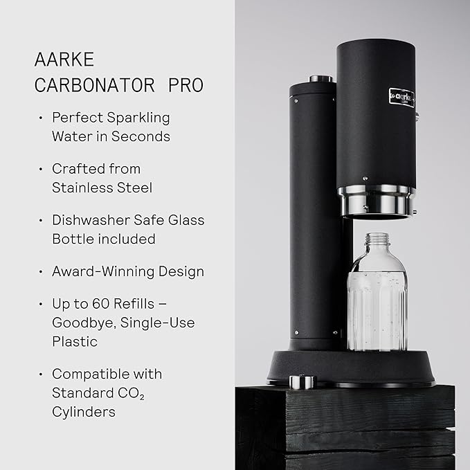 Aarke Carbonator Pro, Sparkling & Carbonation Water Machine, Stainless Steel with Glass Reusable Bottle Volume 800 mL/27 fl oz (Matte Black)