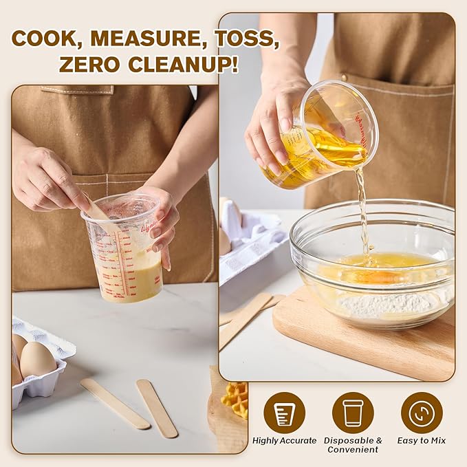 16 oz Plastic Mixing Cups, 50 Pack 16 oz (500ml) Disposable Measuring Cups with 50 Wooden Mixing Sticks, Can Be Used for Epoxy Resin, Liquid Measuring, Paint, Cooking and Baking