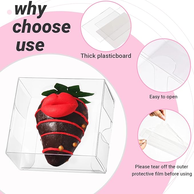 100 Pcs 2.5" X2.2" X2" Clear Small Bakery Treat Boxes Single Chocolate Covered Strawberries Box Macaron Gift Boxes Mini Cinnamon Roll Boxes for 2 for Birthday Wedding Christmas, Valentine's
