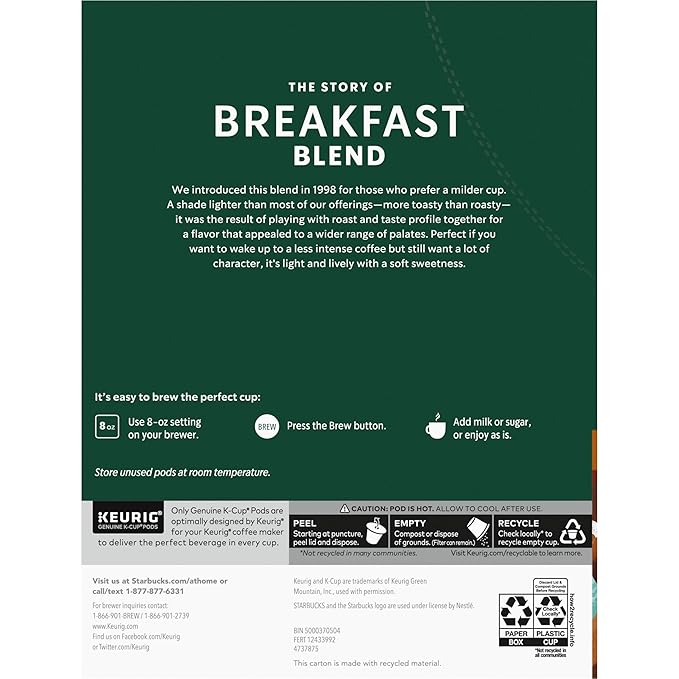 Starbucks K-Cup Coffee Pods, Medium Roast Coffee, Breakfast Blend, 100% Arabica, 4 boxes (96 pods total)