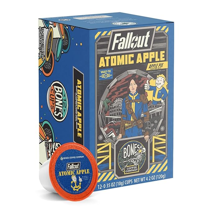 Bones Coffee Company Fallout Atomic Apple, Apple Pie Flavored Coffee Pods, Low Acid Medium Roast Single-Serve Bones Cups, Compatible with 1.0 & 2.0 Capsule Brewers Coffee Maker, 12 Count