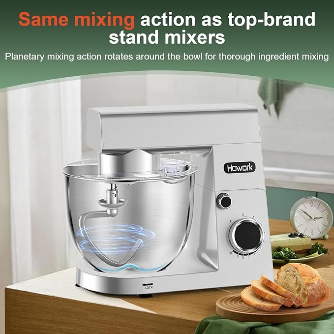 HOWORK Stand Mixer,10+p Speeds With 5.5QT Stainless Steel Bowl,Dough Hook, Wire Whip & Beater,for Most Home Cooks,Silver