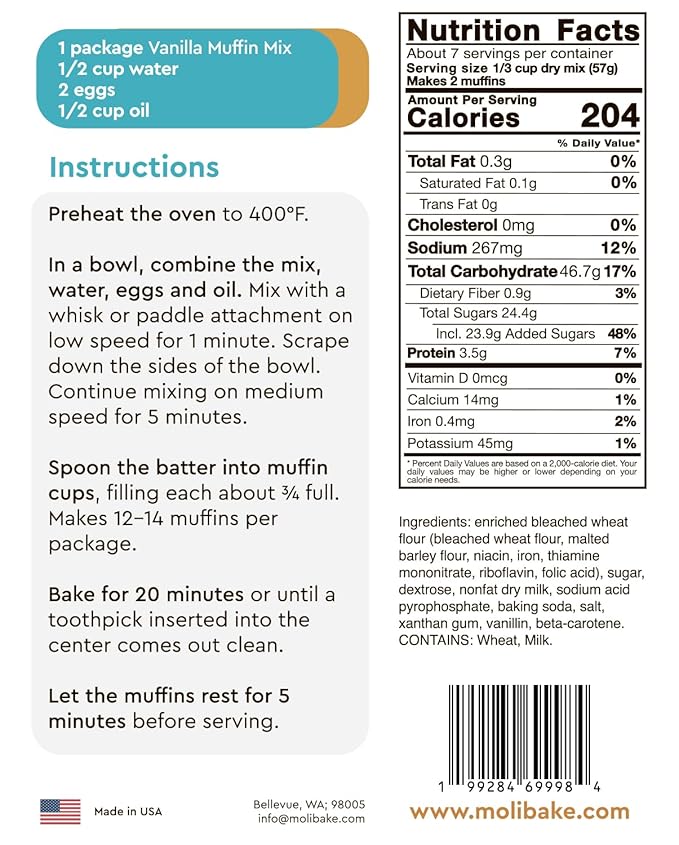 Molibake Vanilla Muffin Mix – Pack of 2 – Premium Vanilla Muffins Baking Mix for Home Oven and Muffin Maker – 14 oz – All-Natural Easy-to-Use Mix for Fluffy, Bakery-Style Homemade Muffins