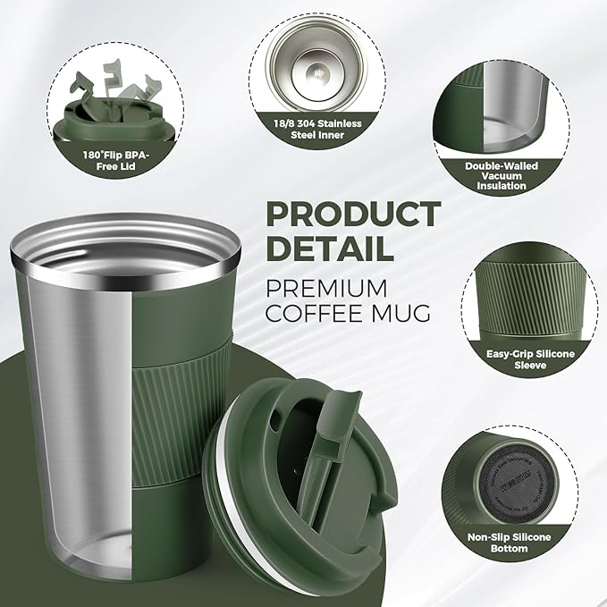 Volhoply 13 oz Stainless Steel Insulated Travel Coffee Mug with Fip Lid Bulk 4 Pack,Reusable Double Wall Vacuum Metal Coffee Cup,Portable Leak Proof Thermal Tumbler for Hot & Cold Drinks(Army Green,4)