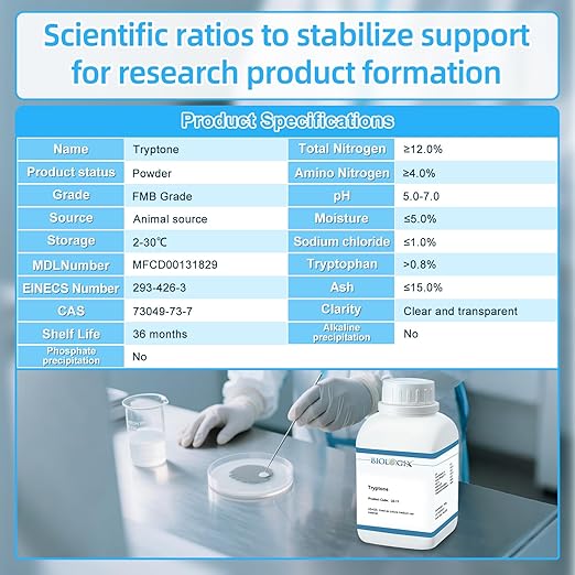 Tryptone Powder, pH 5.0-7.0, FMB Grade, Casein Tryptone for Laboratory Bacterial Culture, 500g/Bottle(1.1 lb.), 10 Bottles/Case