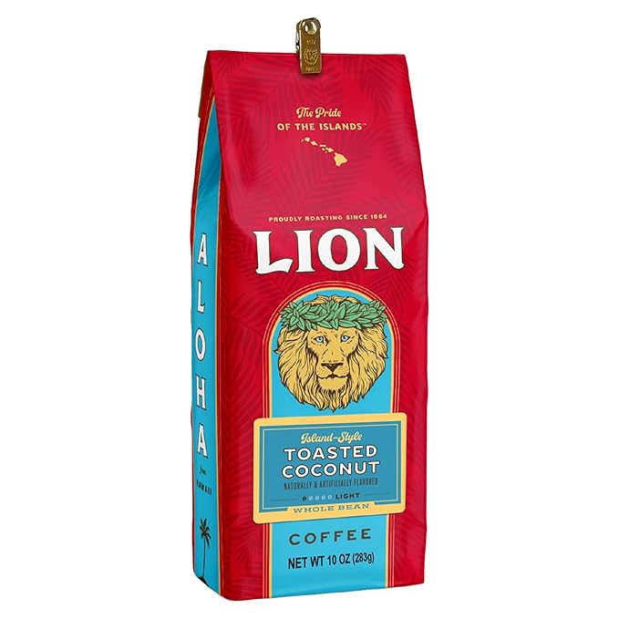 Lion Coffee Toasted Coconut Flavored, Light Roast Whole Bean Coffee, A Taste of Aloha - 10 Ounce Bag