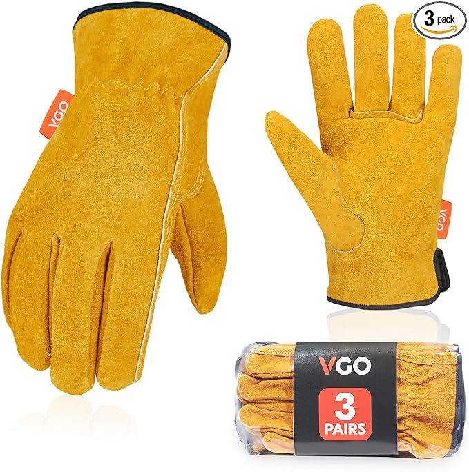 Vgo... 3-Pairs Unlined Cowhide Split Leather Work and Driver Gloves, for Heavy Duty, Truck Driving, Warehouse, Gardening, Farm (Size XL, Gold, CB9501)