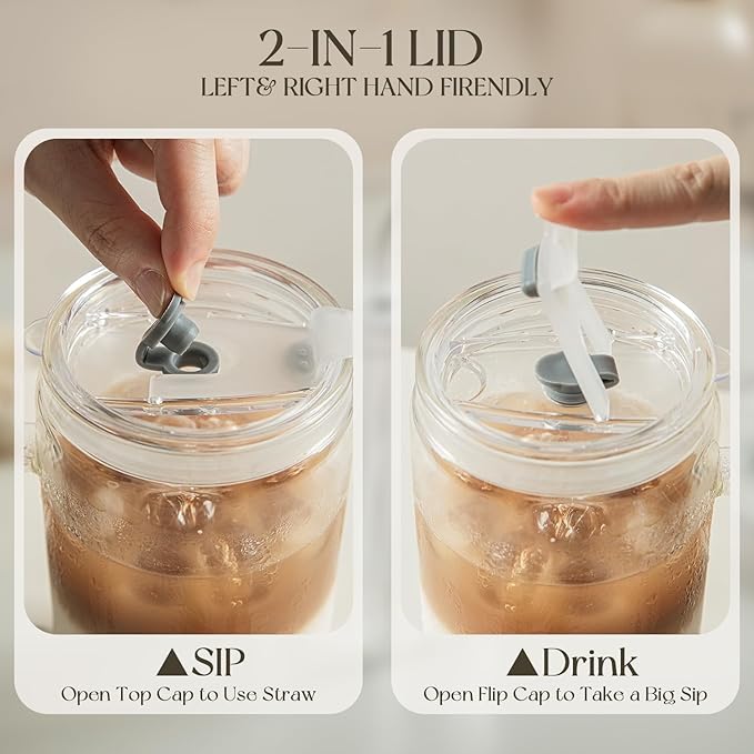 24oz Glass Tumbler with Lid and Straw - Leak Proof Travel Cup with Handle, Reusable Drinking Glass for Iced Coffee, Smoothies & Tea, Dishwasher Safe Spill-Proof Water Bottle for Home, Office, Gym