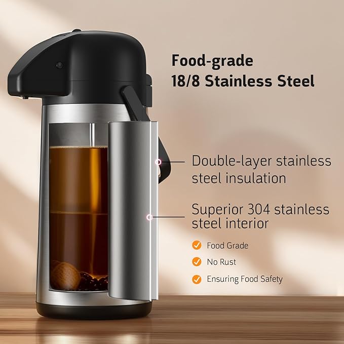 Airpot Coffee Carafe for Keeping Hot - 85 OZ / 2.5L Large Coffee Dispenser with Pump - Insulated Stainless Steel Thermos Urn for Hot Drinks Water Tea Chocolate - Thermal Beverage Dispenser for Parties