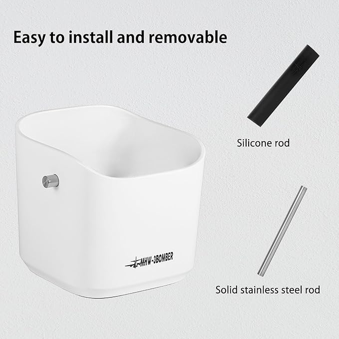 MHW-3BOMBER Coffee Knock Box Mini Espresso knock box Square Non-Slip With Removable Knock Bar (White Set, 1.2L)