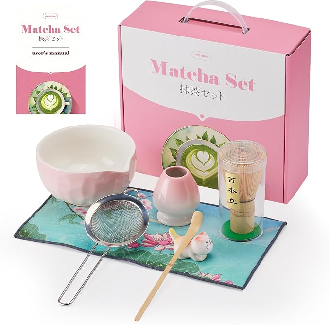 7 Pcs Matcha Whisk Set, Matcha Set Pink,Matcha Kit,Matcha Tea Set,Matcha Bowl Set with Pink Cat Scoop Holder, Tea Cloth, Sifter(Gradient Pink)