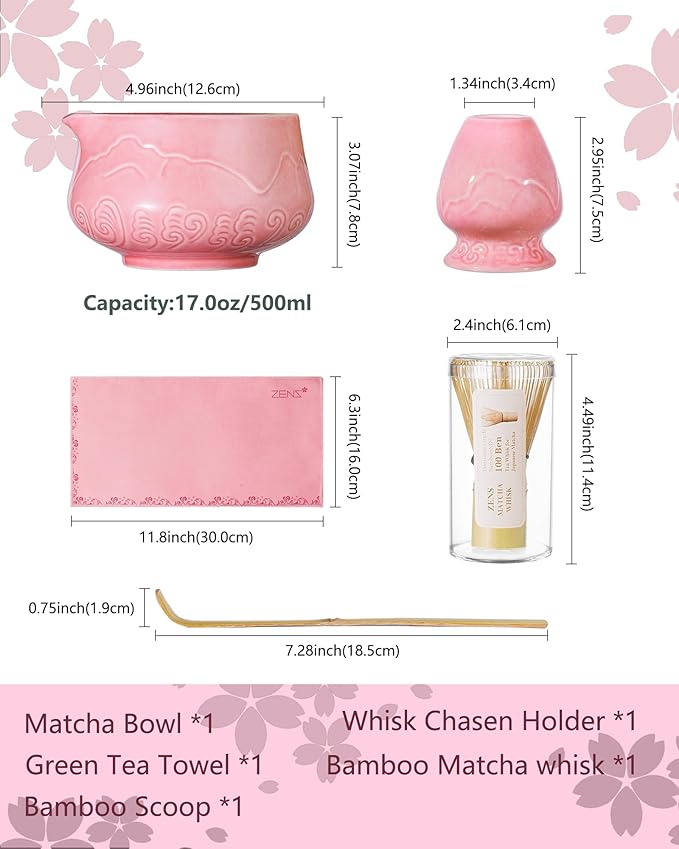 ZENS Pink Matcha Set, Matcha Whisk Set Includes Ceramic Bowl, Matcha Whisk and Chasen Holder, Bamboo Scoop-Tea Towel, 5pcs Matcha Kit Set for Matcha Lovers, Sakura Pink