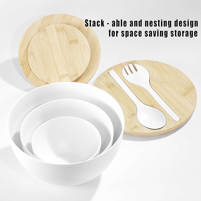 Large Salad Bowls with Bamboo Lids Set of 3, Mixing Nesting Bowls Round Serving Bowls with Servers for Salads, Kitchen Eating, Pastas, Popcorn, Chips, Trifle, Fruit, Food Prepare (White,10",8",6" )