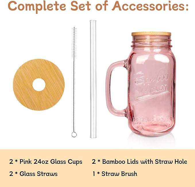 ANOITON Tumbler with Handle and Straw, 24 oz Pink Mason Jars with Handles Drinking Glasses Pink Glassware Colored Glass Cups with Lids and Straws Gifts for Women Birthday Gifts for Women
