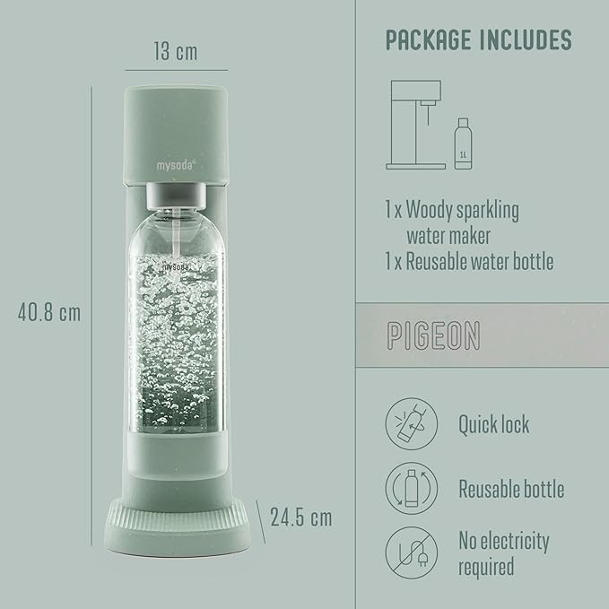 Mysoda Woody Sparkling Water Maker - Silent Carbonated Water Machine Made of Renewable Wood Composite and 1L Water Bottle - Without CO2 Cylinder - Seltzer Maker Machine - Colour Sage Green