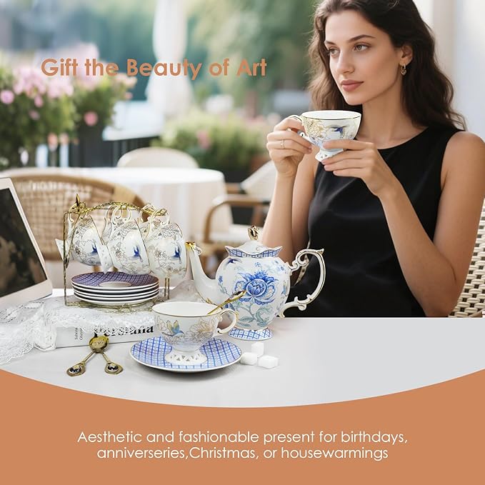 ACMLIFE Tea Set for Adults- Fine China Tea Set for 6, 21-Piece Vintage Coffee Set English Porcelain Tea Pot Sets for Adult Tea Party for Women Gift (blue, Extra Large set 21)