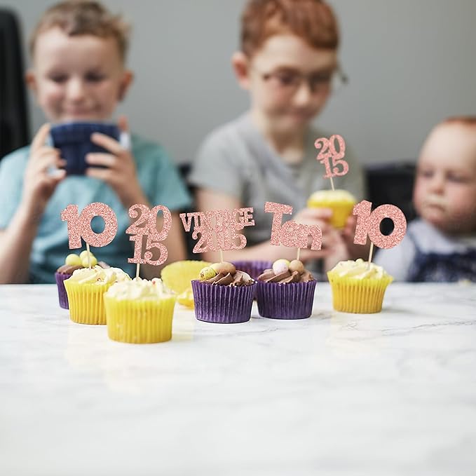 Gyufise 24Pcs 10th Birthday Cupcake Toppers Glitter Ten Vintage 2015 Hello 10 Years Birthday 10 Cupcake Picks Double Digits Cake Decoration for Happy 10th Anniversary Party Supplies Rose Gold