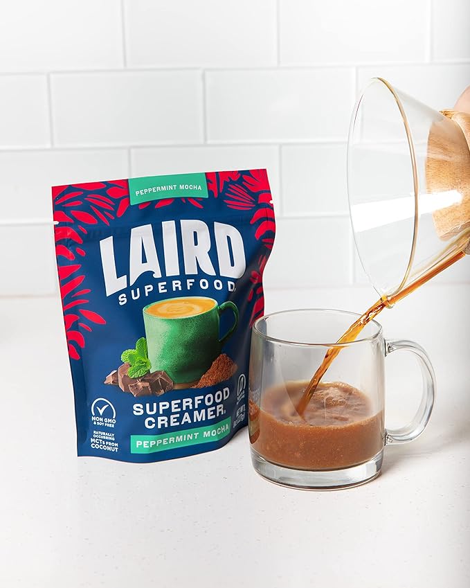 Laird Superfood Non-Dairy Original Superfood Peppermint Mocha Coconut Powder Coffee Creamer, Gluten Free, Non-GMO, Vegan, 8 oz. Bag, Pack of 2