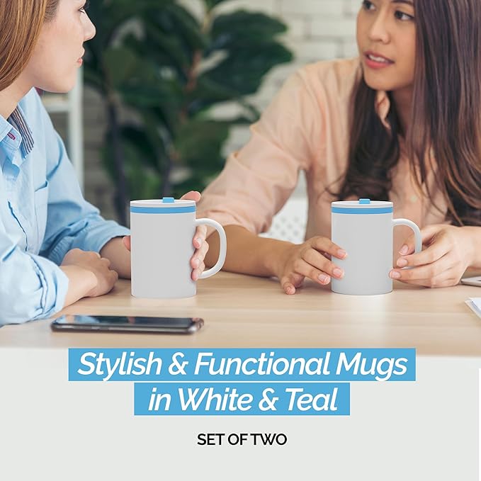 Copco Iconic 16oz Double Wall Insulated Desk Mug with Lid & Handle, Set of 2, BPA-Free Reusable Plastic, Spill-Proof, Microwave & Dishwasher Safe, Wide Mouth, Cup Holder Friendly (Teal)