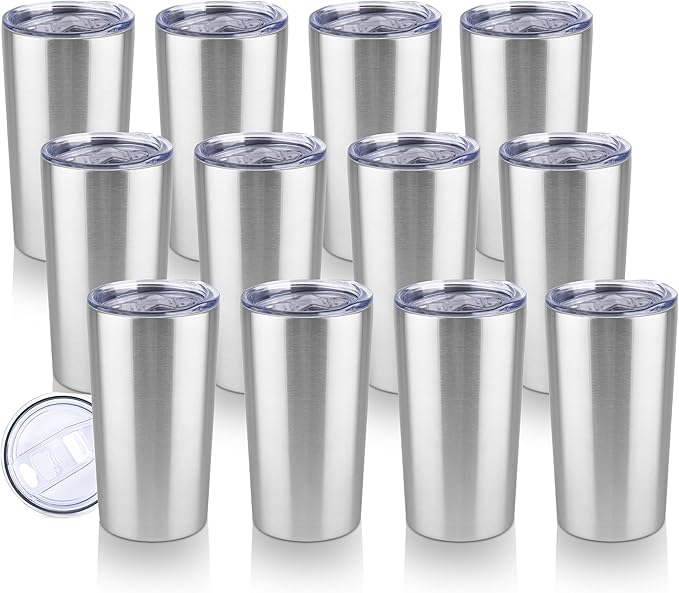 HASLE OUTFITTERS 12oz Skinny Tumbler Bulk, Slim Tumblers Set with Lid, Double Wall Stainless Steel Insulated Travel Coffee Mug, Durable Powder Coated Travel Water Cup(Stainless Steel, 12)