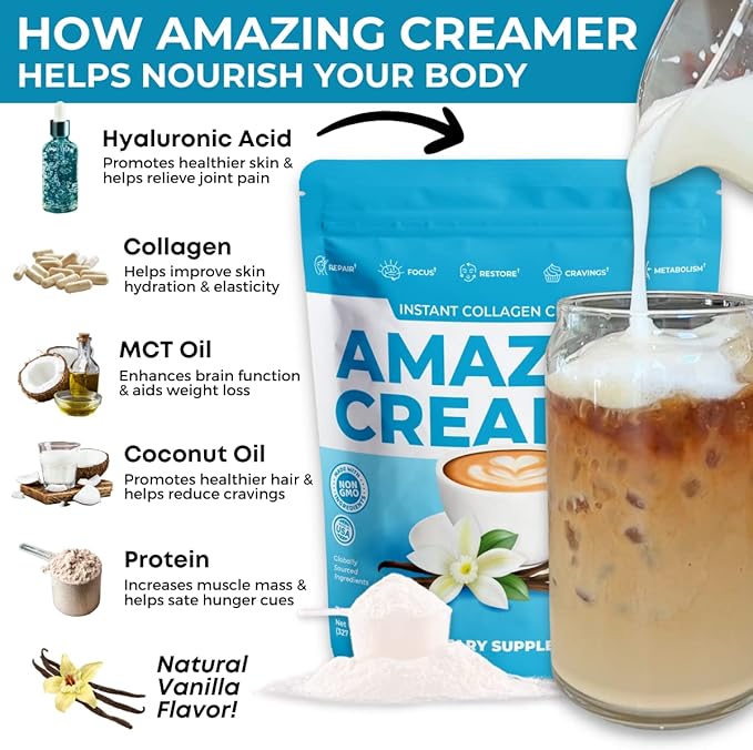 Superfoods Company Amazing Creamer with Collagen - Keto Creamer-Hyaluronic Acid & MCT Oil - Brain Boost & Curbs Cravings - Supports Healthy Skin & Hair - Diet-Friendly [60 Servings] [Vanilla]