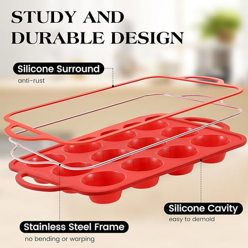 1 Pc Silicone Muffin Pan for Baking with Metal Frame, Nonstick 12 Cup Regular Size Cupcake Pan, Silicone Muffin Tray for Egg Bites (Red)