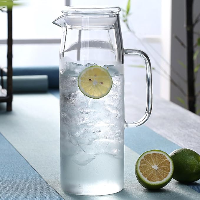hjn Glass Water Pitcher with Lid Glass Carafe with Handle, Fridge Water Jug for Cold or Hot Beverages,Iced Tea,Milk,Juice 1500ml/51oz & glass lid