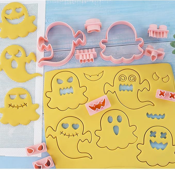 10Pcs Halloween Cookie Cutters, 3D Cookie Cutter with Plunger Stamp, Ghost Biscuit Cutters Cake Baking Fondant Embosser Stamps Halloween Party DIY Cake Decorating Tools(L10)