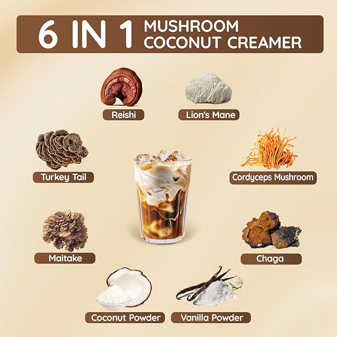 Veltracha Mushroom Coffee Creamer, Superfood Coconut Creamer Powder with 6 Adaptogenic Mushrooms - Reishi, Turkey Tail, Lions Mane, Non-Dairy Coconut Powdered Creamer for Energy & Focus & Digestion, 30 Servings