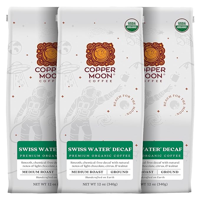 Copper Moon Ground Coffee, Medium Roast, Swiss Water Decaf Blend, 3 Bags 12 oz. Each