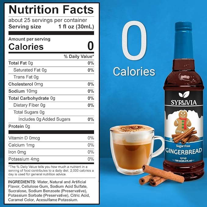 Syruvia Sugar Free Gingerbread Syrup for Coffee, Flavored Syrup for Drinks, Lattes, and Desserts – 25.4 fl oz, With Pump