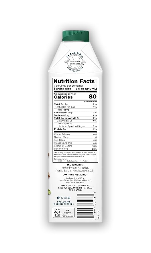 Elmhurst 1925 Vanilla Pistachio Milk Unsweetened - 32 Ounce (Pack of 6) Dairy-Free, Vegan, Kosher, Shelf Stable Milk Made w/Vanilla, Water & Pistachio for Healthier, Simpler Plant-Based Alternatives