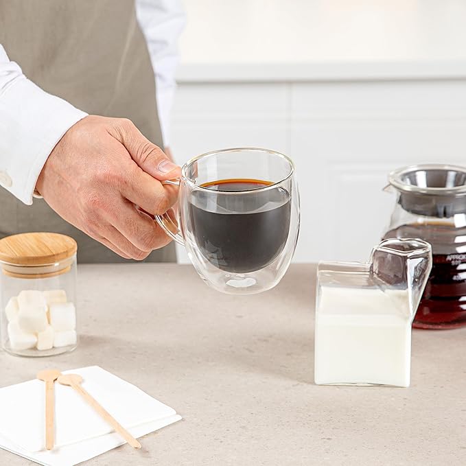Restaurantware-Forma Professional 8.5 Ounce Glass Coffee Cups, 2 Insulated Coffee Cups With Handle - Dishwashable, Reusable, Clear Double Wall Beverage Tumblers, Freezable, For Hot Or Cold Beverages
