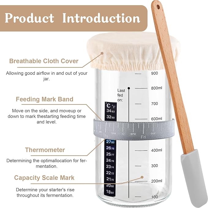 Sourdough Starter Jar, 1000ML Sourdough Starter Kit with Date Marked Feeding Band, Thermometer, Cloth Cover & Metal Lid, Reusable Sourdough Bread Baking Supplies, Home Baking Supplies