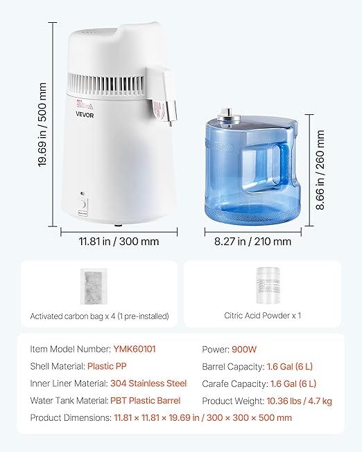 VEVOR Water Distiller, 6L/1.6 Gallon Larger Distilled Machine, 900W Distilling Water Maker, 0-99H Timing Set, Time & Temp Display, 304 Stainless Steel Interior Stiller with Plastic Carafe, White