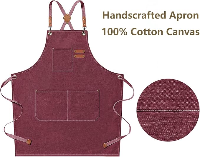 AFUN Chef Aprons for Men Women with Large Pockets, Cotton Canvas Cross Back Heavy Duty Adjustable Work Apron, Size M to XXL(Darkred)