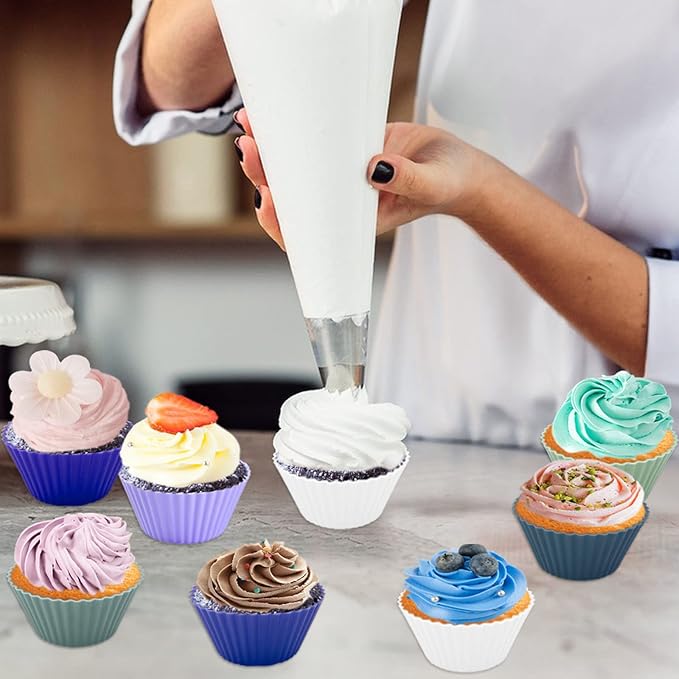 48 Pack of Silicone Cupcake Liners, lyfLux Reusable Mini Muffin Baking Cups, Food Grade Silicone for Cooking Eggs, Baking Muffins and Make a Cake (8 Colors 6 Each)