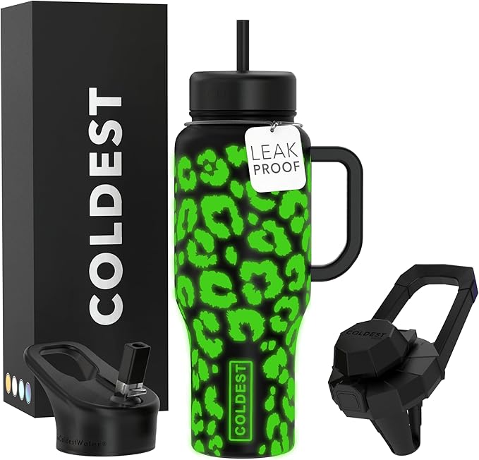Coldest 40 oz Tumbler with Handle and Straw, 100% Leak Proof Insulated Tumbler with Lid and Straw (3 Lids), Stainless Steel Tumblers for Women & Men, Cup Holder Friendly, 36 oz (Glowie Leopard)