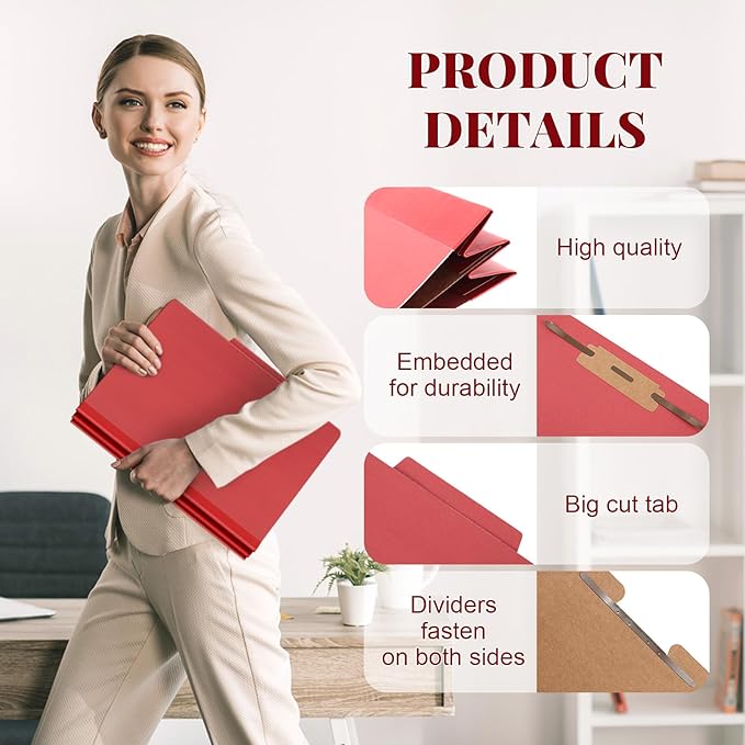 24 Pcs Classification Folders Letter Size, Back to School Supply for Teacher, Student, 1 Divider Pressboard File Folder Bulk with 2 Fasteners, 3.5 Inch Expanding File Organizer (Red)