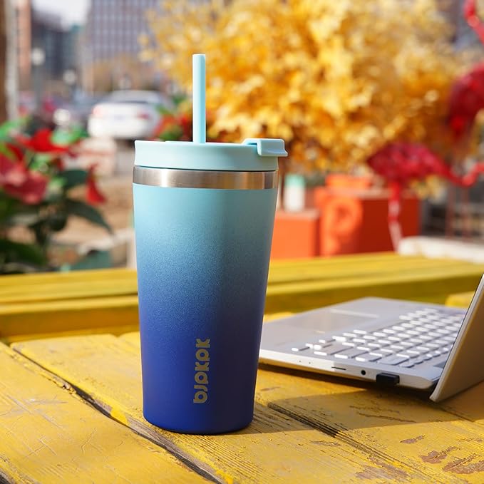 BJPKPK 18oz Insulated Tumbler With lid And Straw Stainless Steel Tumblers Travel Coffee Mug Reusable Thermal Cup,Sky