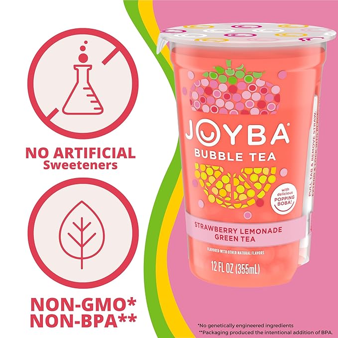Joyba Bubble Tea Strawberry Lemonade Green Tea, 6 Pack, 12 fl. oz. Cups