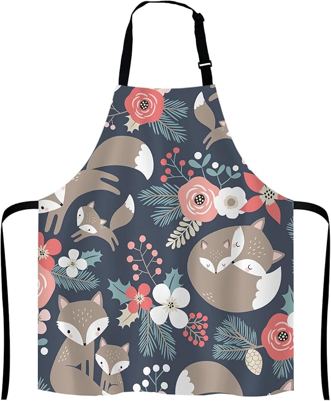 Cute Fox Family and Flowers Bib Apron with Adjustable Neck for Men Women,Suitable for Home Kitchen Cooking Waitress Chef Grill Bistro Baking Apron